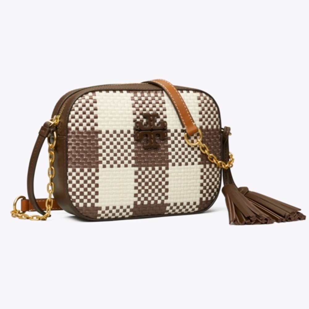 New - Tory Burch - McGraw Woven Plaid Camera Crossbody Shoulder Bag - Cold Brew